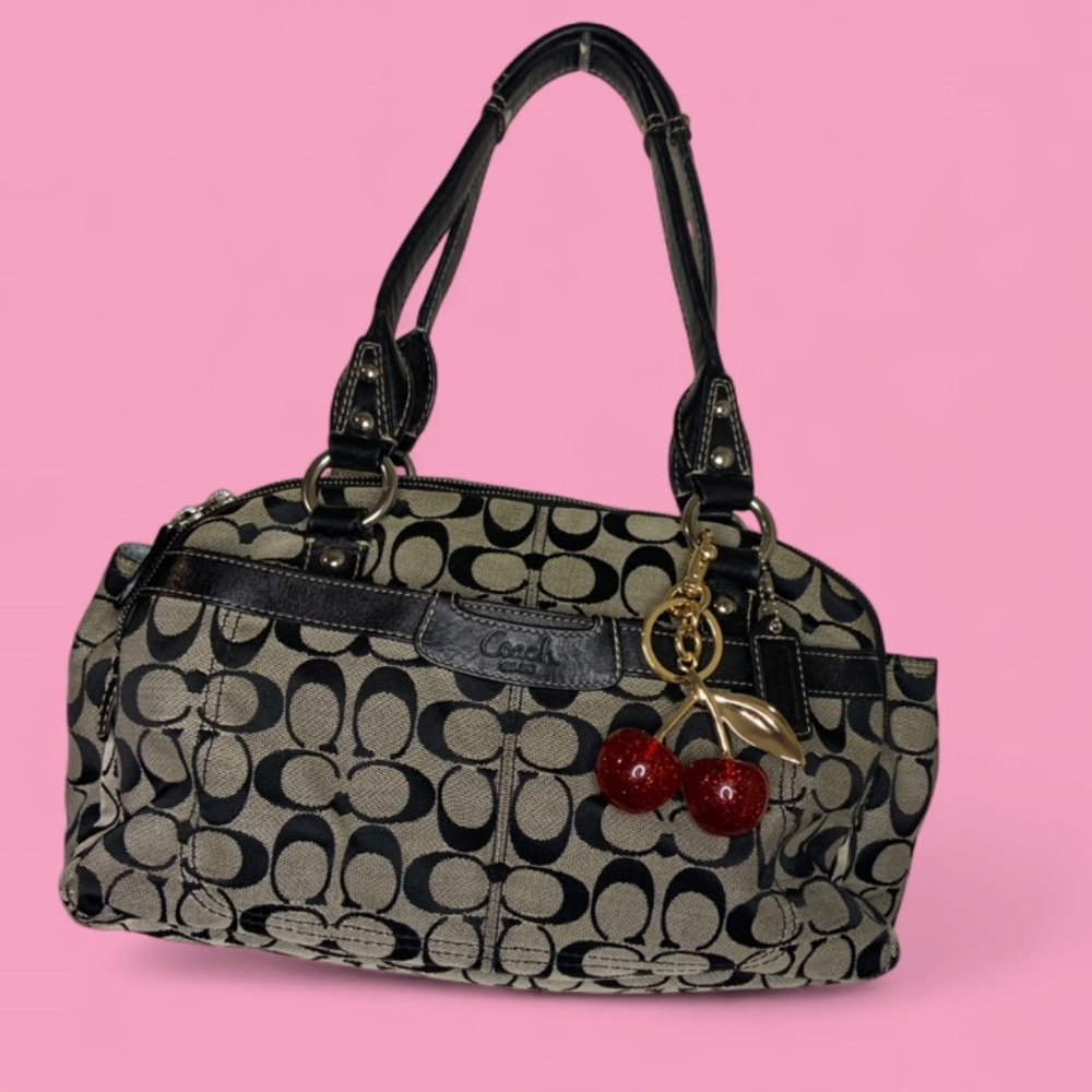 Vintage Gorgeous Coach Black and Khaki Signature Shoulder Bag with Cherry Charm